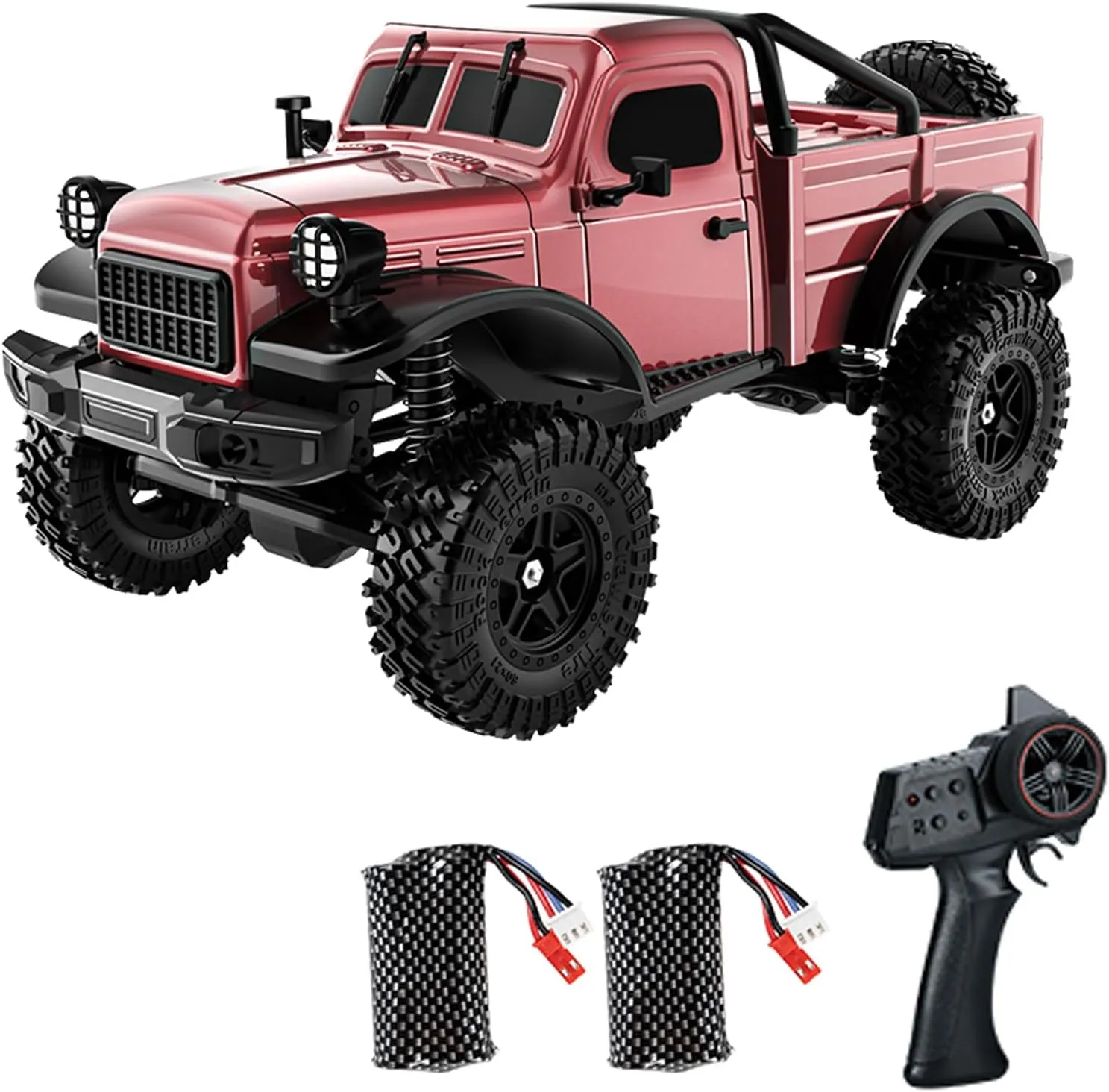 D883 RC Crawler Pickup Trucks, 1:18 Scale Remote Control Car, 2.4GHz 4WD RC Truck, All Terrain Off-Road RC Rock Crawler with LED Lights and 2 Rechargeable Batteries for Adults (Red)