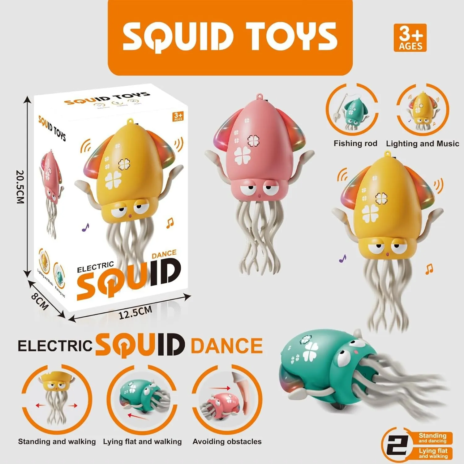Dancing Crawling Octopus Kid Tummy Time Toys, Light-Up Walking Moving Octopus with Music & Obstacle Avoidance, Rechargeable Sensory Development Toy Birthday Gifts for Boys Girls (Yellow)