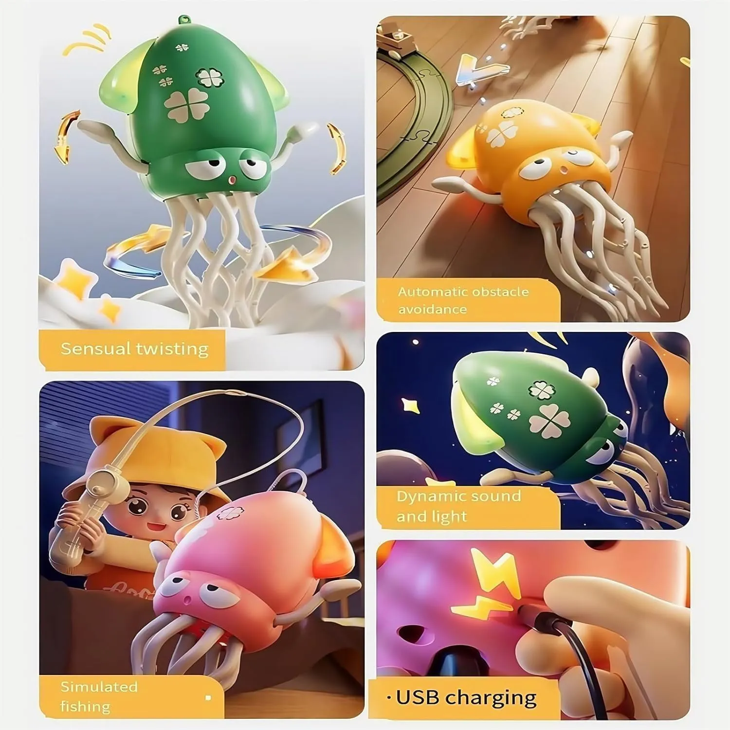 Dancing Crawling Octopus Kid Tummy Time Toys, Light-Up Walking Moving Octopus with Music & Obstacle Avoidance, Rechargeable Sensory Development Toy Birthday Gifts for Boys Girls (Yellow)