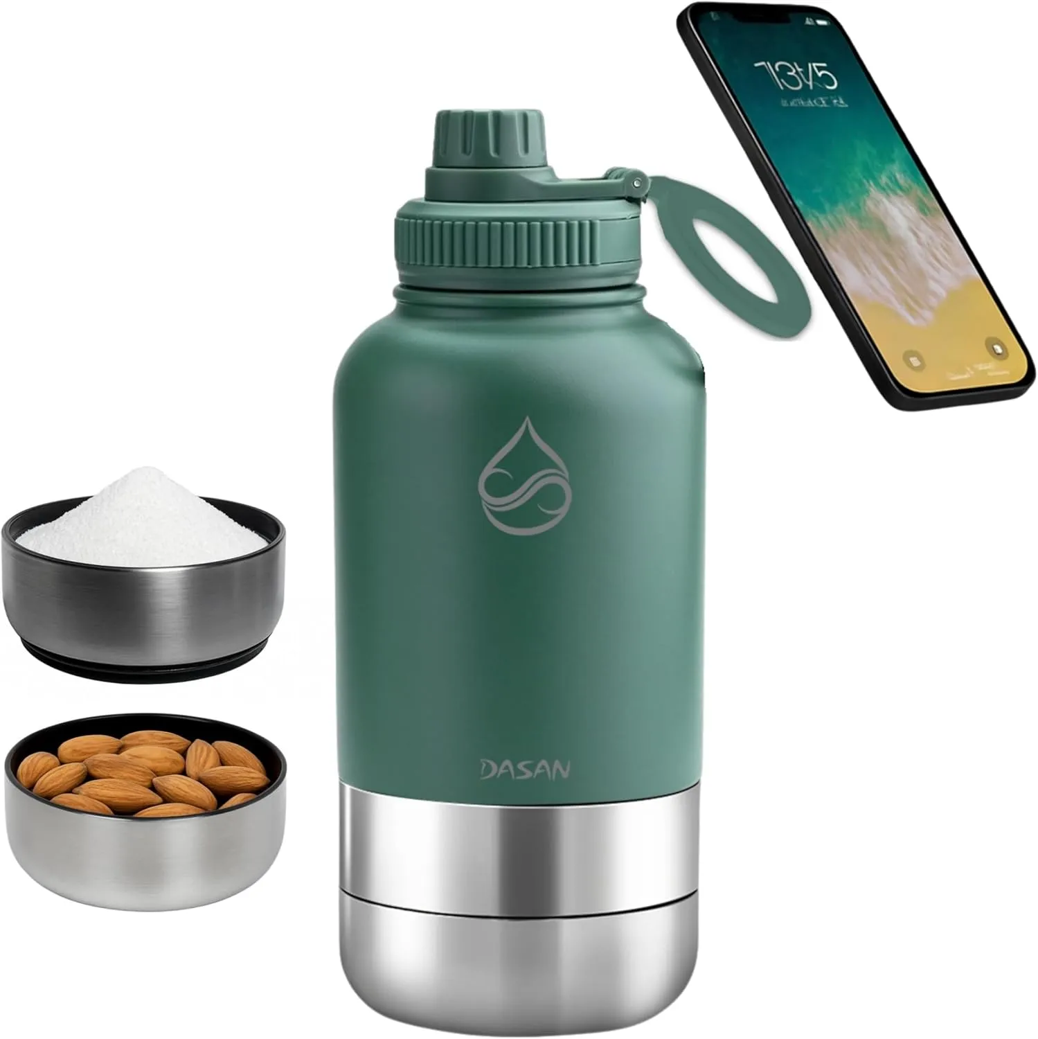 DASAN 3 in 1 Gym Water Bottle with Phone Holder & Pill Storage | Magnetic MagSafe Tripod Mount, Hidden Compartment | Insulated Stainless Steel | Leakproof - BPA Free | Funny Stickers Included | 32 Oz