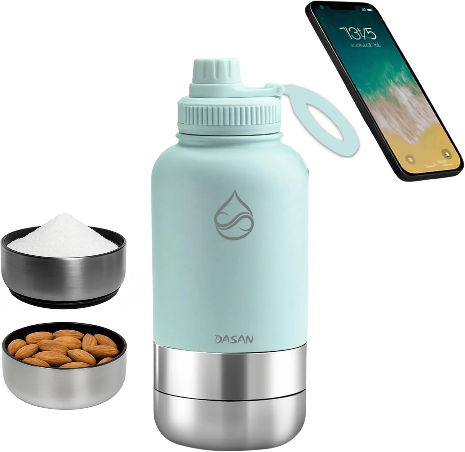 DASAN 3 in 1 Gym Water Bottle with Phone Holder & Pill Storage | Magnetic MagSafe Tripod Mount, Hidden Compartment | Insulated Stainless Steel | Leakproof - BPA Free | Funny Stickers Included | 32 Oz