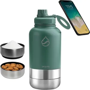 DASAN 3 in 1 Gym Water Bottle with Phone Holder & Pill Storage | Magnetic MagSafe Tripod Mount, Hidden Compartment | Insulated Stainless Steel | Leakproof - BPA Free | Funny Stickers Included | 32 Oz