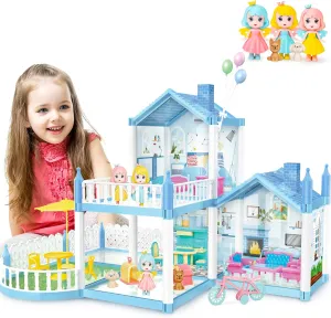deAO Dollhouse Dreamhouse,DIY Building Pretend Play House,3 Dolls & 2 Pets Princess Doll House and Furniture,STEM Pretend Play Toys for Girls,Girl Gift for 3 4 5 Age, Blue