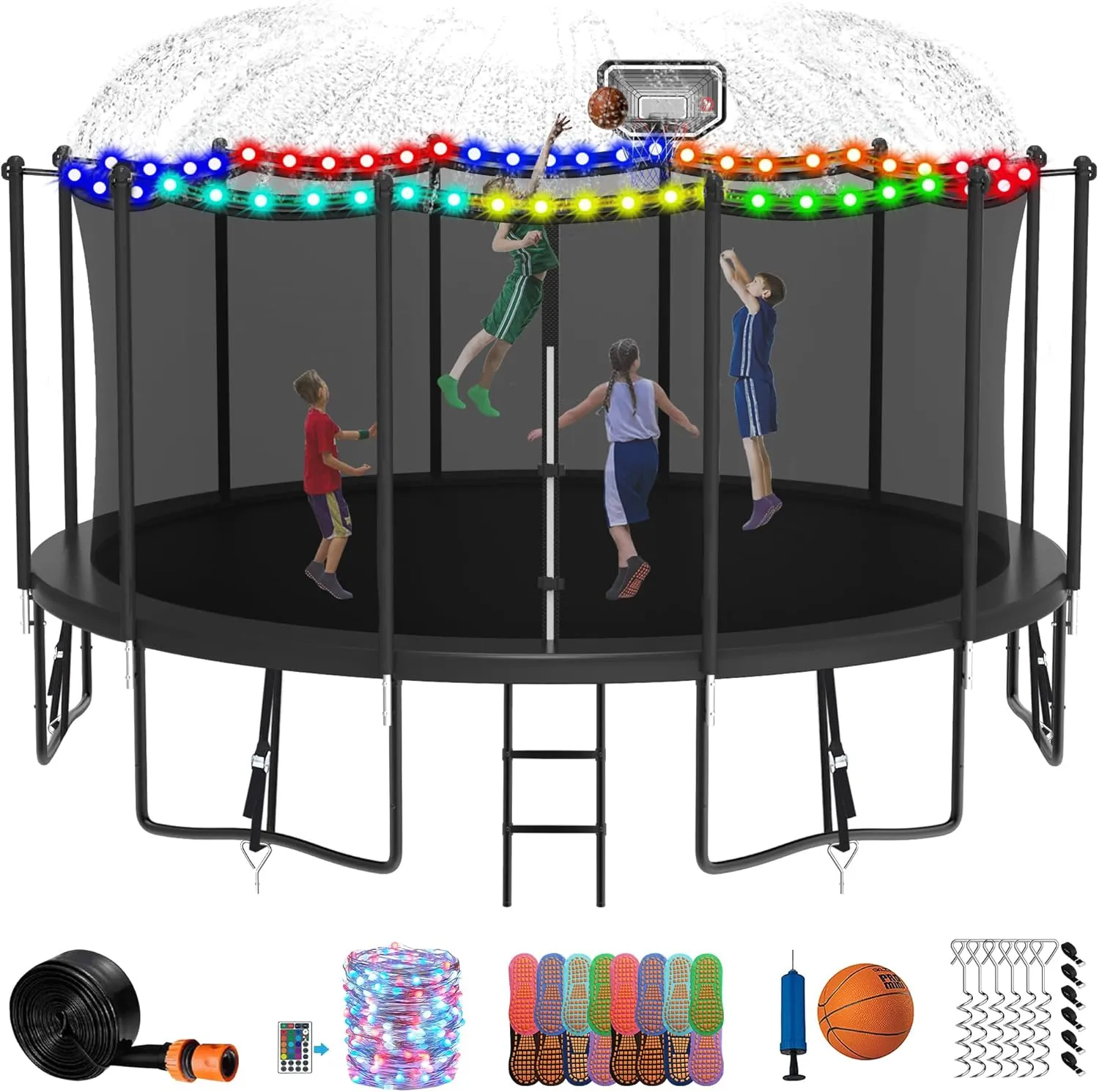 DeepRoar Tranpoline for Kids and Adults, 1500LBS 16FT 15FT 14FT 12FT 10FT 8FT Tranpoline with Basketball Hoop, Safety Enclosure Net, Heavy Duty Tranpoline with Light, Sprinkler, Socks, ASTM Approved