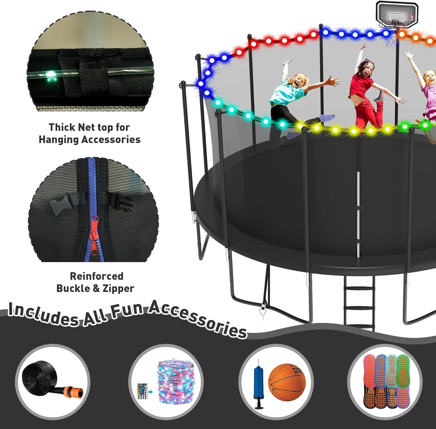 DeepRoar Tranpoline for Kids and Adults, 1500LBS 16FT 15FT 14FT 12FT 10FT 8FT Tranpoline with Basketball Hoop, Safety Enclosure Net, Heavy Duty Tranpoline with Light, Sprinkler, Socks, ASTM Approved