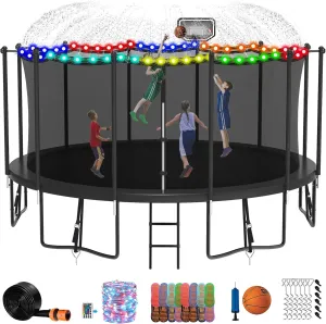 DeepRoar Tranpoline for Kids and Adults, 1500LBS 16FT 15FT 14FT 12FT 10FT 8FT Tranpoline with Basketball Hoop, Safety Enclosure Net, Heavy Duty Tranpoline with Light, Sprinkler, Socks, ASTM Approved