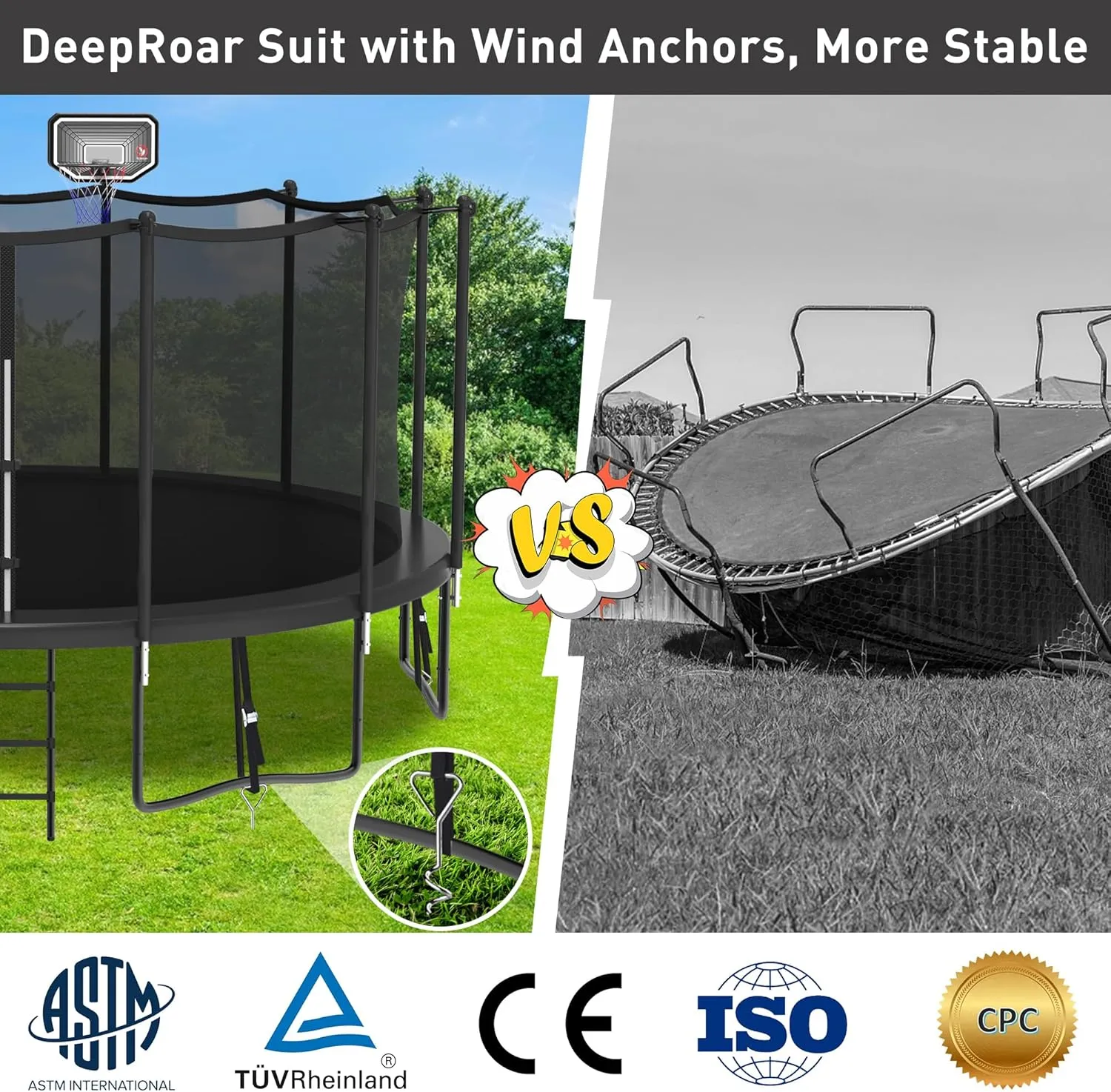 DeepRoar Tranpoline for Kids and Adults, 1500LBS 16FT 15FT 14FT 12FT 10FT 8FT Tranpoline with Basketball Hoop, Safety Enclosure Net, Heavy Duty Tranpoline with Light, Sprinkler, Socks, ASTM Approved