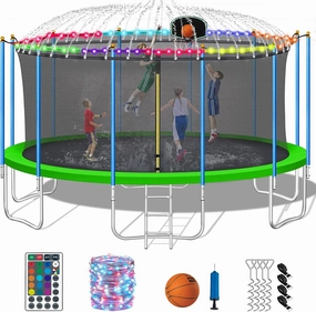 DeepRoar Tranpoline for Kids and Adults, 1500LBS 16FT 15FT 14FT 12FT 10FT 8FT Tranpoline with Basketball Hoop, Safety Enclosure Net, Heavy Duty Tranpoline with Light, Sprinkler, Socks, ASTM Approved
