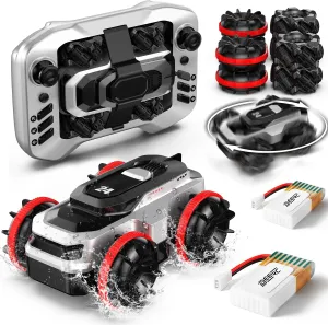 DEERC Amphibious Remote Control Car – Mini 4WD RC Car Remote Control Boat, Waterproof All-Terrain RC Truck with 360° Spins, 50-Minute Playtime, Pool Beach Water Toy, Cybertruck Summer Gift for Kids