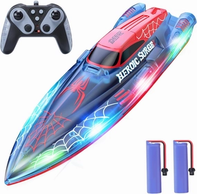 DEERC 13 inch Remote Control Boat for Kids, 2.4Ghz RC Spider Boat with LED Lights for Pools and Lakes, Summer Water Toy Gift for Boys 8-12, 2 Batteries
