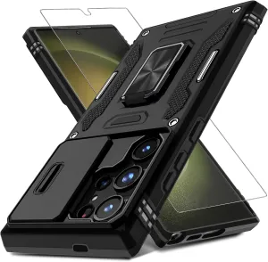 DEERLAMN Case for Samsung Galaxy S25 Ultra with Slide Camera Cover Screen Protector (1 Pack), Rotated Ring Kickstand Military Grade Shockproof Protective Cover-Black