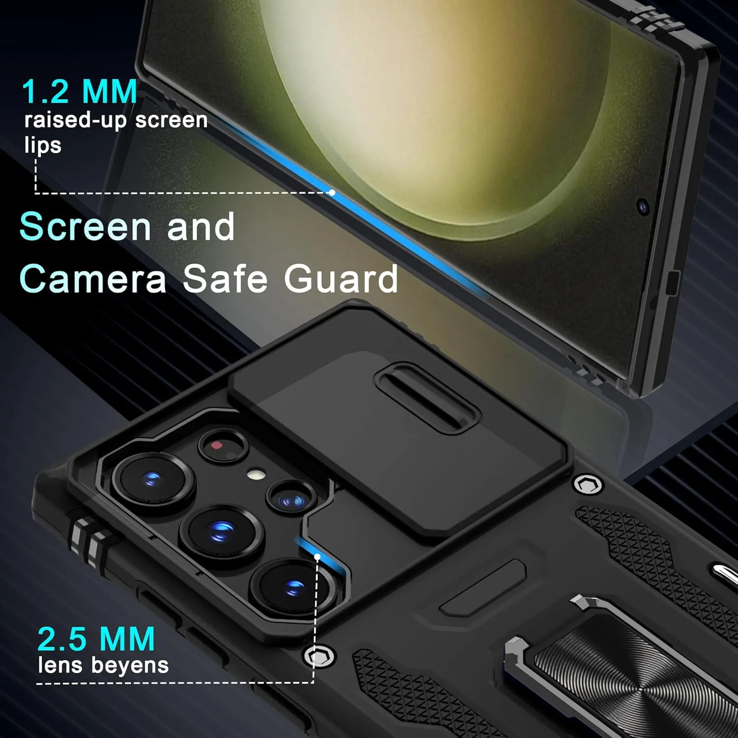 DEERLAMN Case for Samsung Galaxy S25 Ultra with Slide Camera Cover Screen Protector (1 Pack), Rotated Ring Kickstand Military Grade Shockproof Protective Cover-Black