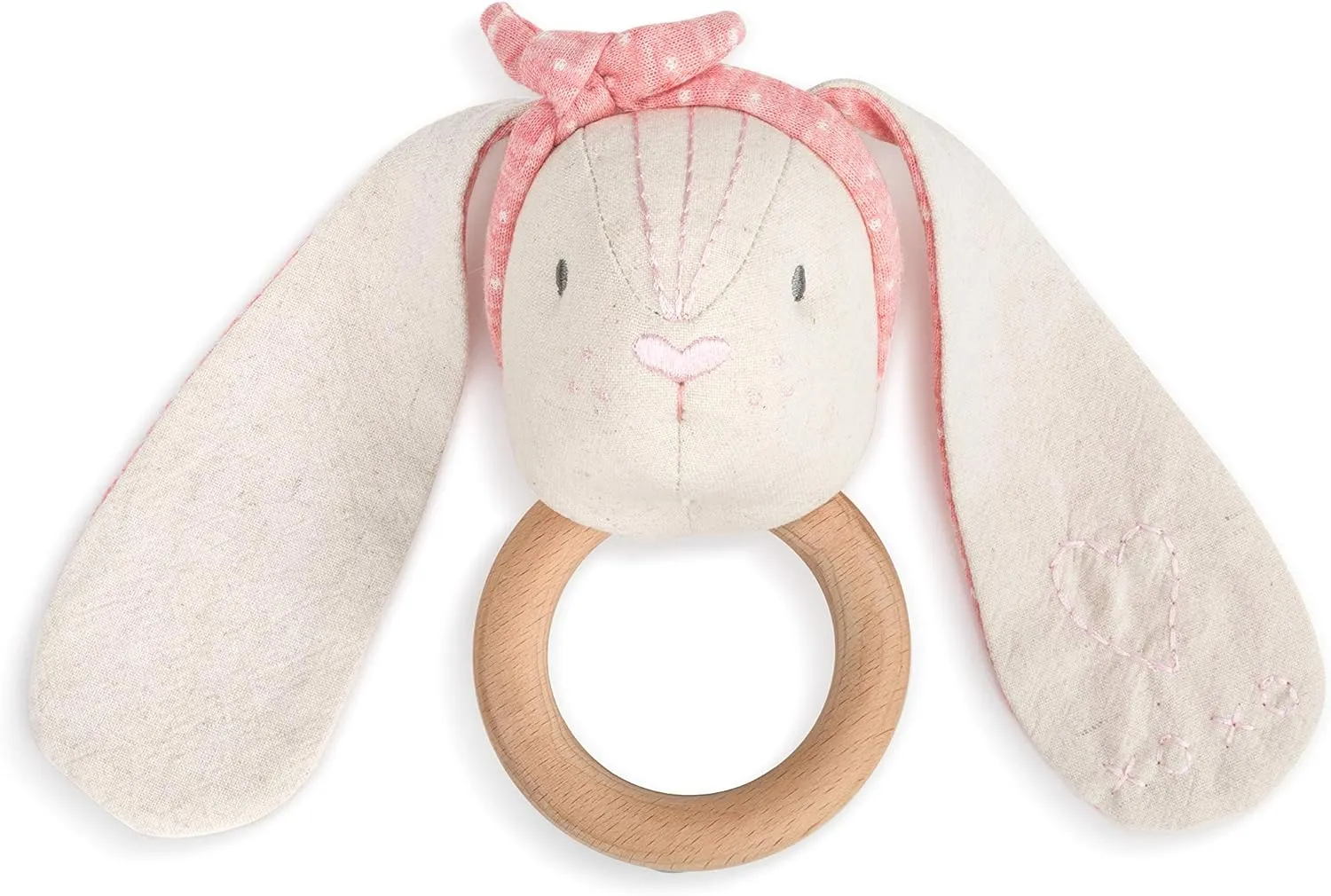 DEMDACO Bunny Soft Pink 6 inch Plush Linen Polyester and Wood Animal Rattle Toy