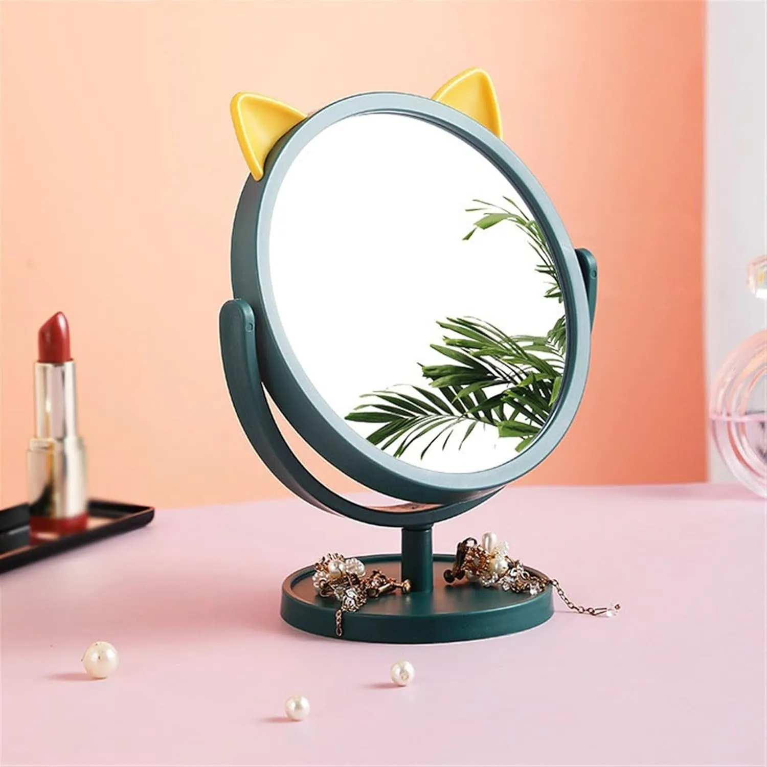 Desk Mirror Cosmetic Mirror Home Use Small Desktop Can Stand Folding Mirror Bedroom Cute Cartoon Shape Beauty Mirror Makeup Mirror(Yellow)