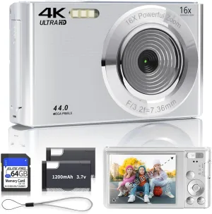 Digital Camera 2025 4K 44MP Digital Cameras for Teens, Silver Digital Point and Shoot Camera for Kids with 16X Zoom, 64GB SD Card, Compact Small Camera for Boys Girls Teens Kids Gift