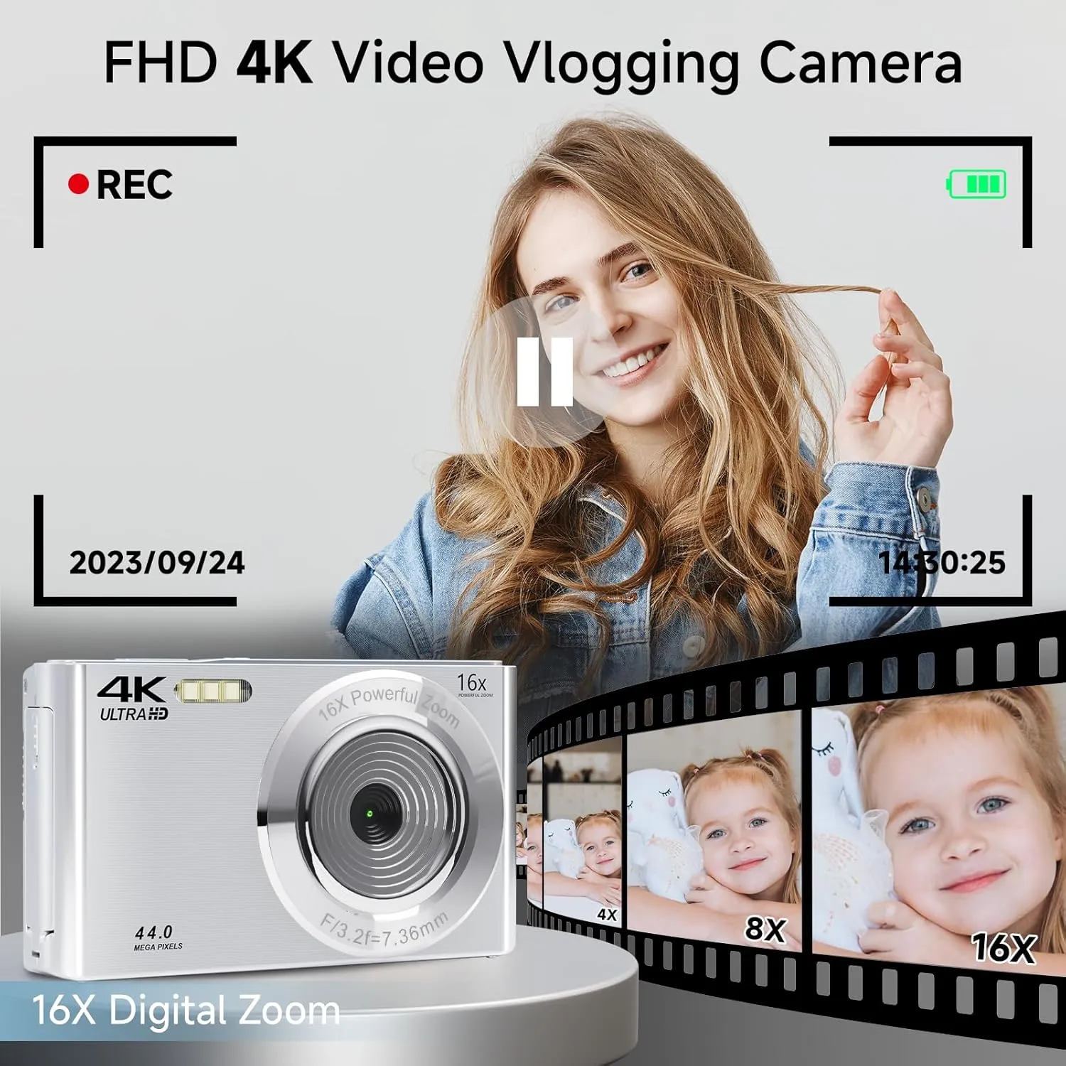 Digital Camera 2025 4K 44MP Digital Cameras for Teens, Silver Digital Point and Shoot Camera for Kids with 16X Zoom, 64GB SD Card, Compact Small Camera for Boys Girls Teens Kids Gift