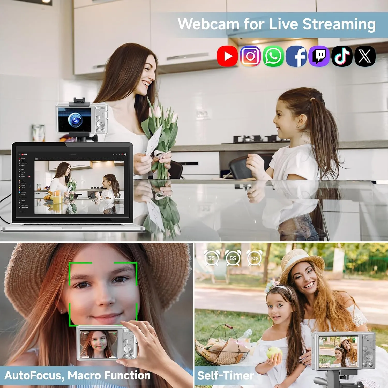 Digital Camera 2025 4K 44MP Digital Cameras for Teens, Silver Digital Point and Shoot Camera for Kids with 16X Zoom, 64GB SD Card, Compact Small Camera for Boys Girls Teens Kids Gift