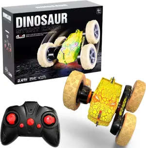 Dino Stunt Car with Crackle LED Lights - Rechargeable Remote Control Car with 360-Degree Flips, Wireless Control and Double-Sided Driving, Great Gift for Boys and Girls, Yellow