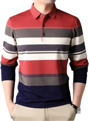 Disimlarl Men Designer Striped Classic Contrast Color Polo Shirt Casual Long Sleeve Lapel Tops