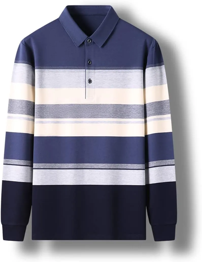 Disimlarl Men Designer Striped Classic Contrast Color Polo Shirt Casual Long Sleeve Lapel Tops