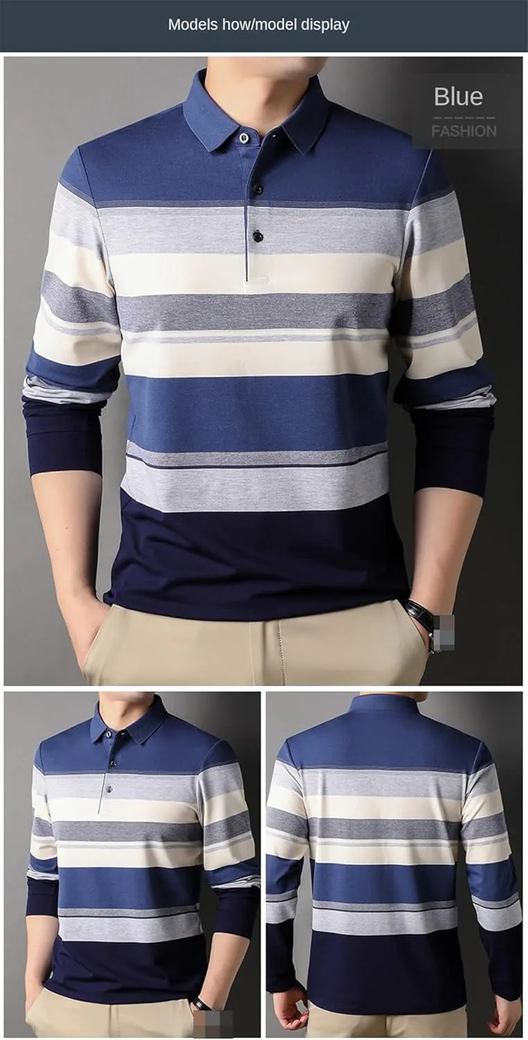 Disimlarl Men Designer Striped Classic Contrast Color Polo Shirt Casual Long Sleeve Lapel Tops
