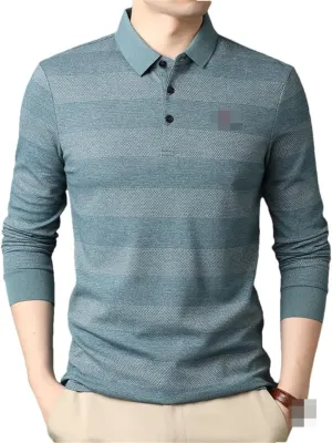 Disimlarl Men Striped Designer Embroidery Casual Turn Down Collar Long Sleeve Polo Shirts Men Tops