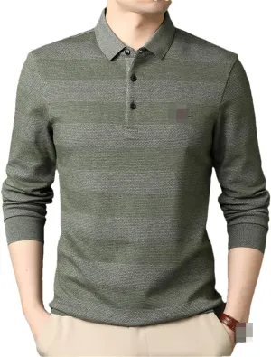 Disimlarl Men Striped Designer Embroidery Casual Turn Down Collar Long Sleeve Polo Shirts Men Tops