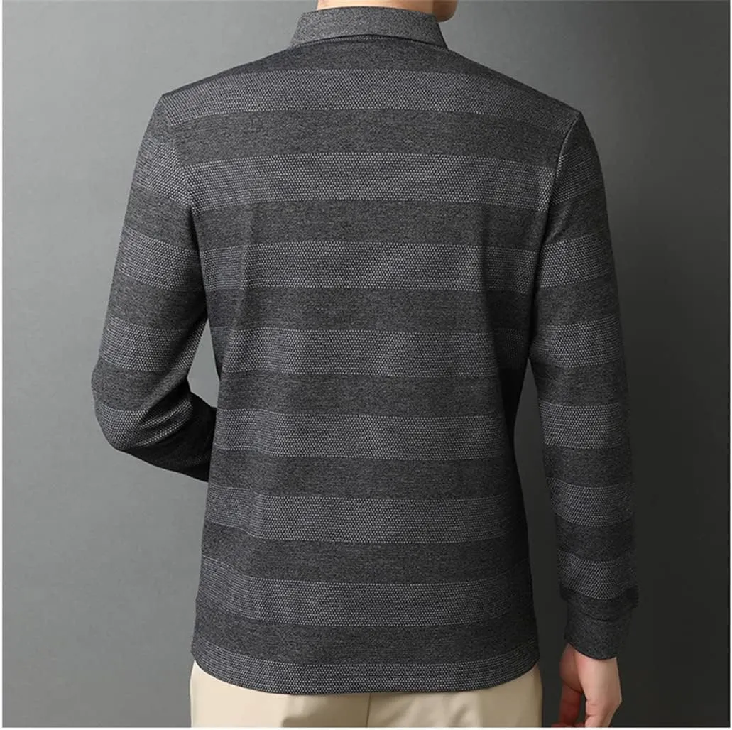 Disimlarl Men Striped Designer Embroidery Casual Turn Down Collar Long Sleeve Polo Shirts Men Tops