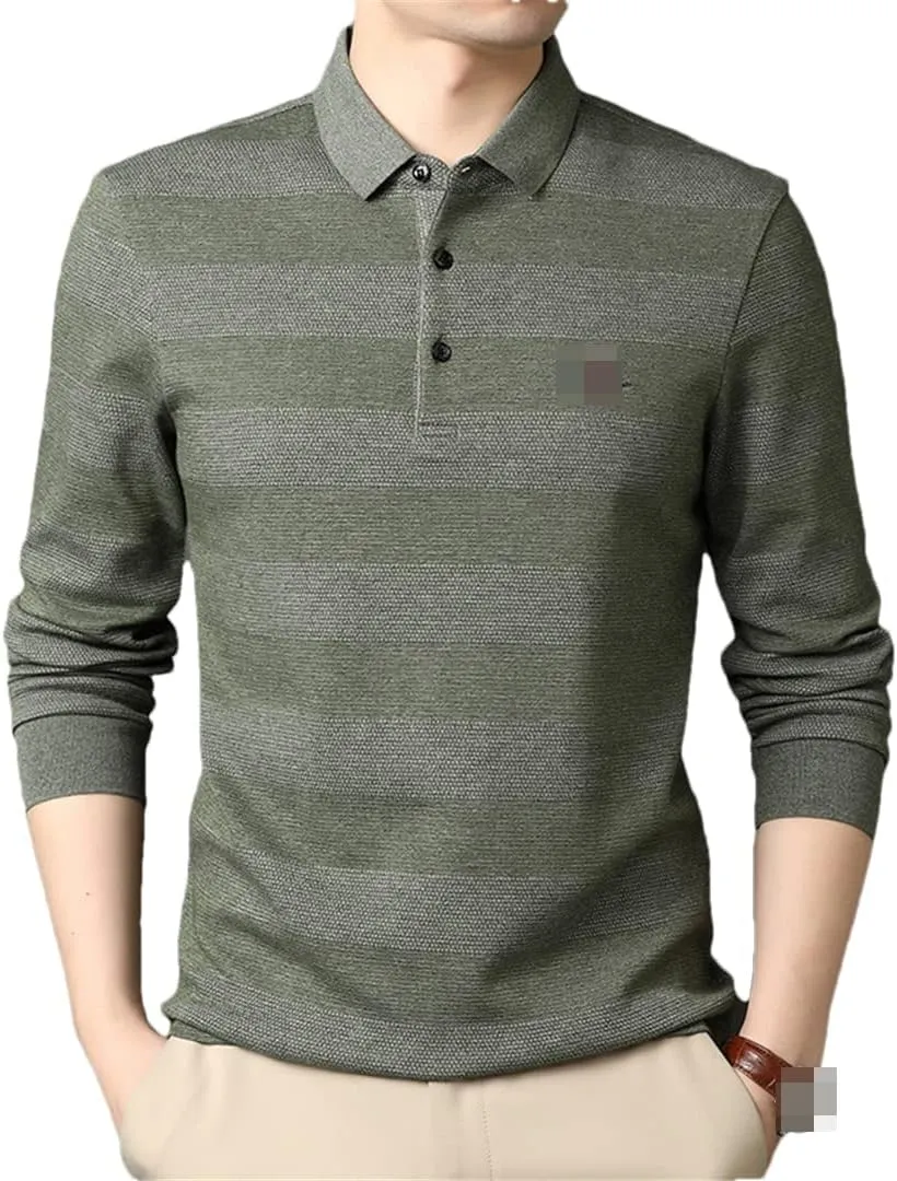 Disimlarl Men Striped Designer Embroidery Casual Turn Down Collar Long Sleeve Polo Shirts Men Tops