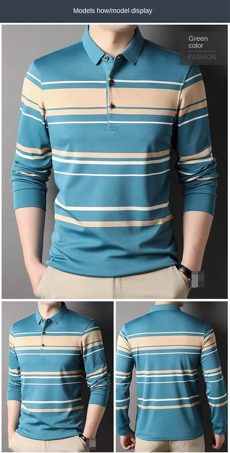 Disimlarl Mens Designer Striped Contrast Color Polo Shirt Korean Casual Regular Fit Long Sleeve Tops