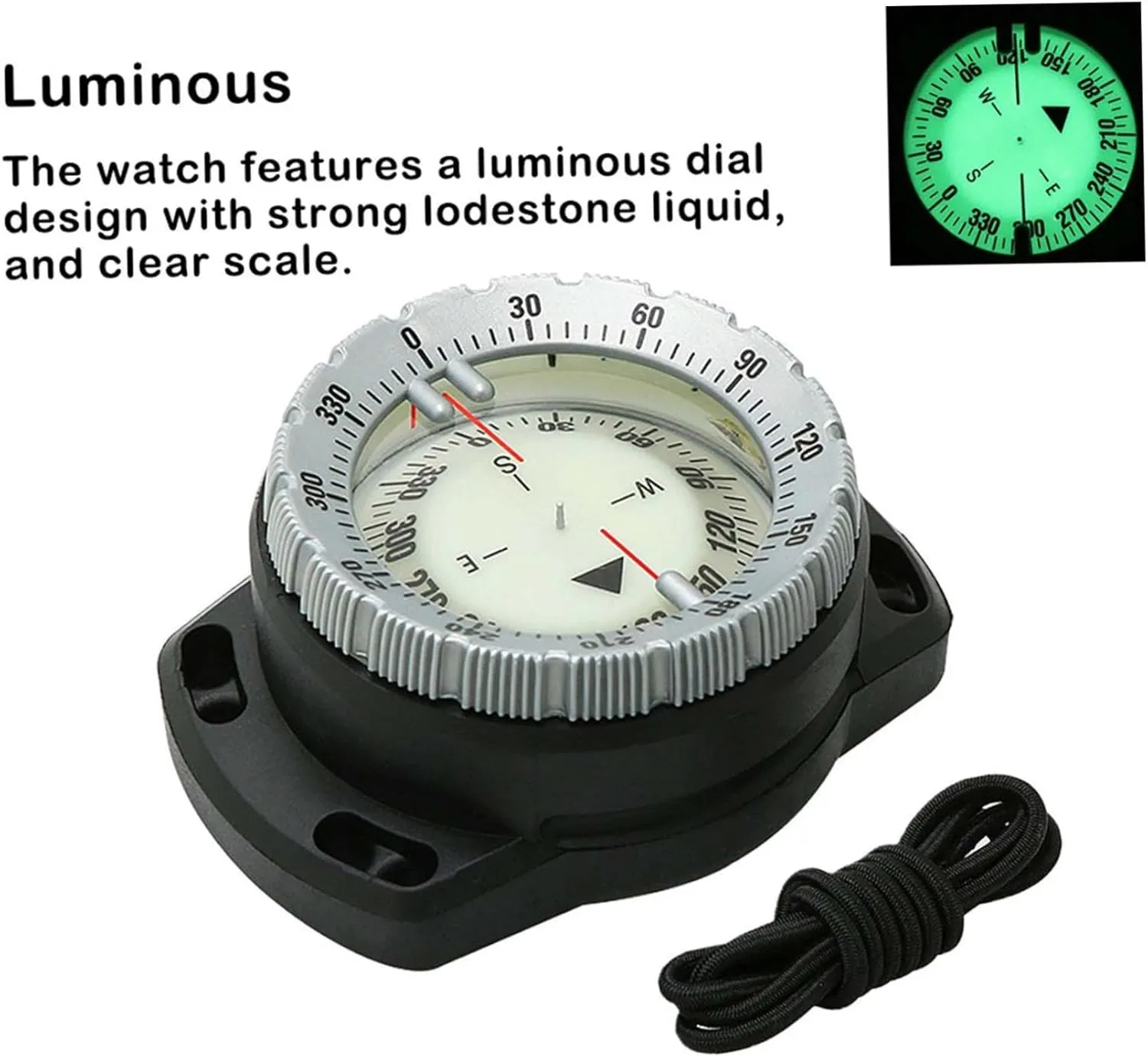 Dive Compass Surfing Luminous Underwater 50m Wrist Compass Night Vision Waterproof Navigation Compass with Bungee Wrist Compass Watch Band Compass Diving Compass Compass