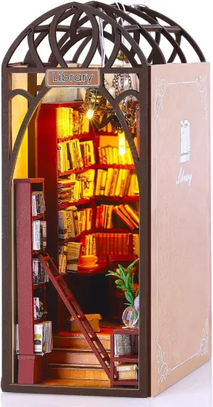 DIY Book Nook Kit, 3D Wooden Puzzle Booknook, DIY Dollhouse Booknook Bookshelf Insert Decor, Bookends Model Build-Creativity Kit with Furniture and LED Light for Home Desk Décor (Library)