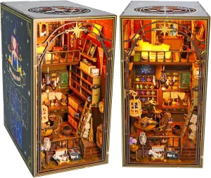 DIY Book Nook Kit, DIY Dollhouse Booknook Bookshelf Insert Decor Alley, Bookends Model Build-Creativity Kit with Music Box & LED for Teens and Adults Birthday Magic Booknook