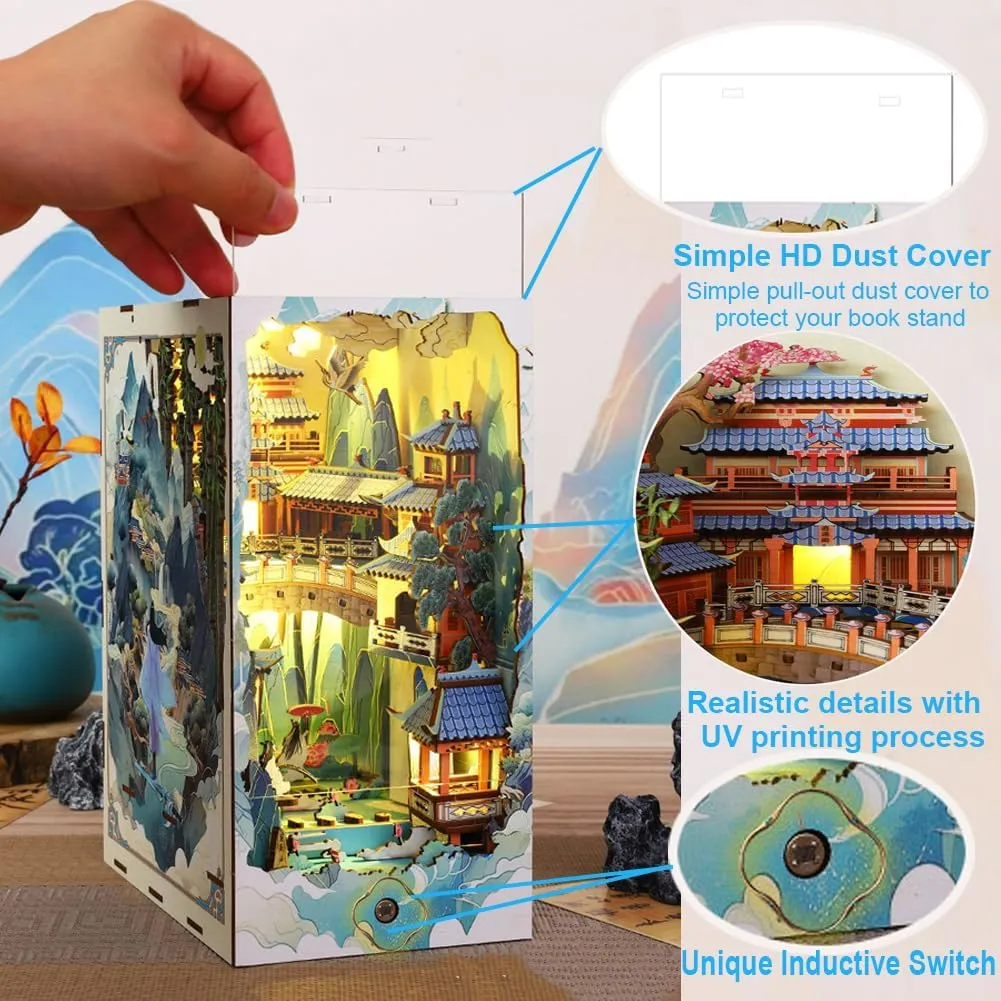 DIY Book Nook Kit, DIY Miniature Dollhouse Booknook Kit, 3D Wooden Puzzle Bookend Bookshelf Insert Decor with LED Light (Penglai)