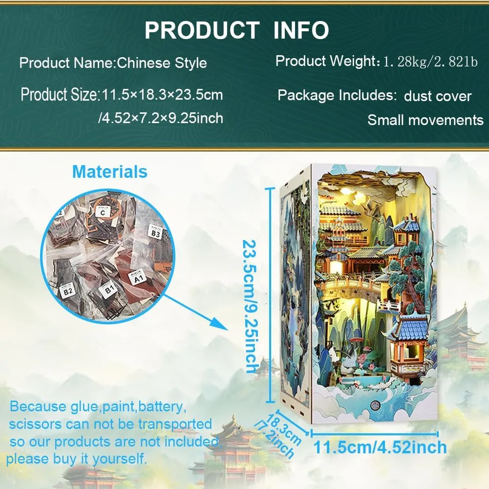 DIY Book Nook Kit, DIY Miniature Dollhouse Booknook Kit, 3D Wooden Puzzle Bookend Bookshelf Insert Decor with LED Light (Penglai)