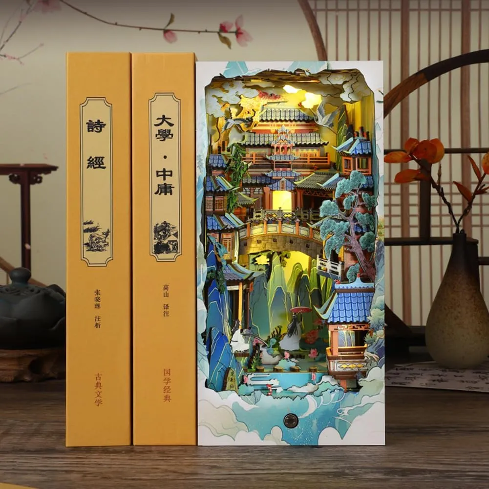 DIY Book Nook Kit, DIY Miniature Dollhouse Booknook Kit, 3D Wooden Puzzle Bookend Bookshelf Insert Decor with LED Light (Penglai)