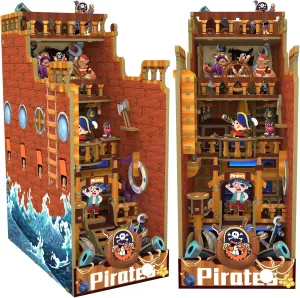 DIY Book Nook Kit Dollhouse Booknook Bookshelf Insert Decor Book Nook Miniature Kit with LED Light DIY Wood Bookends Model Build-Creativity Kit for Adult Kids (The Pirates)