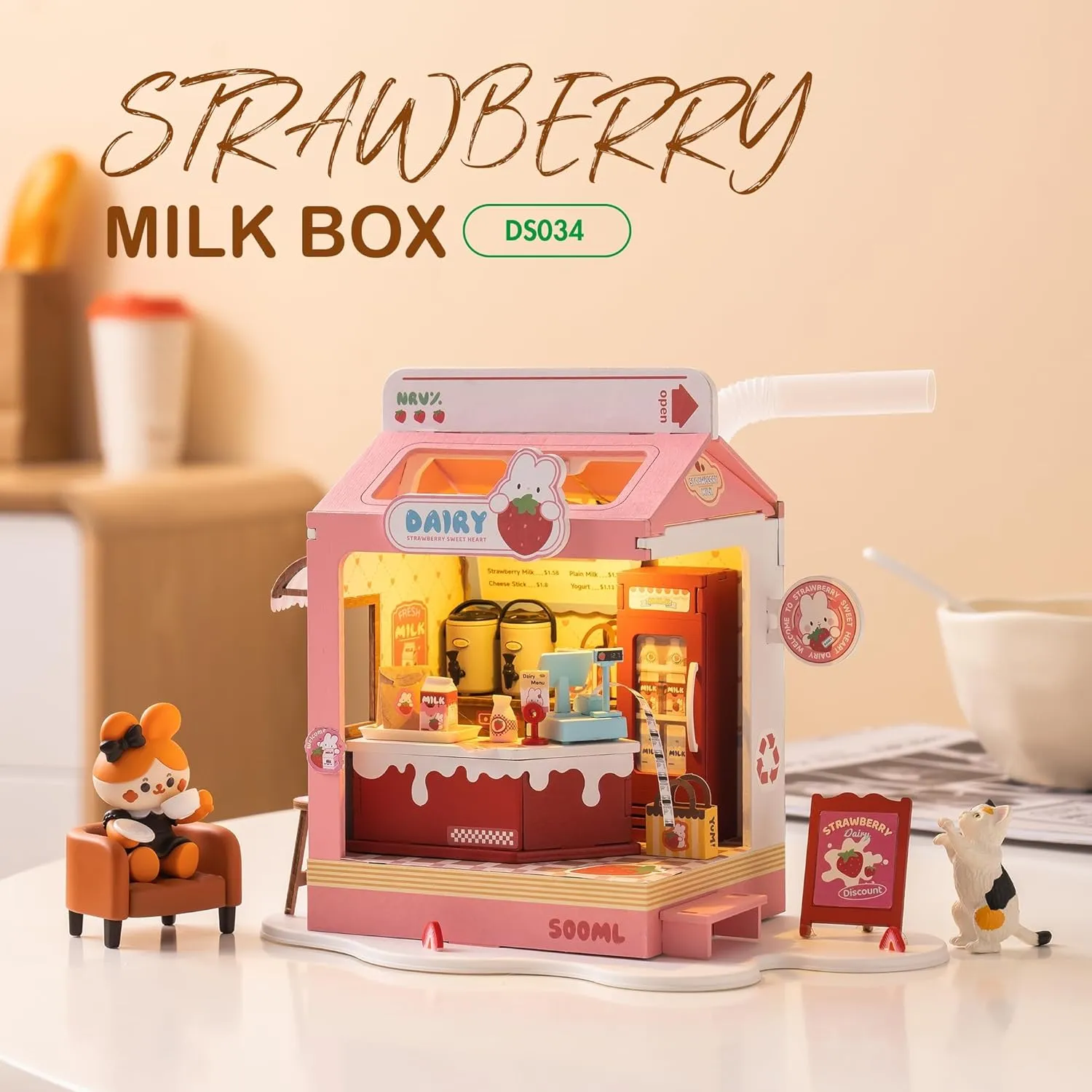 DIY Mini House Building Miniature Kit Milkbox, Miniature Lifestyle Bookshelf Decoration, Cute Craft Kits for Women or Girls 14 , Kawaii Gifts Hobbies for Crafters (Strawberry Milkbox)