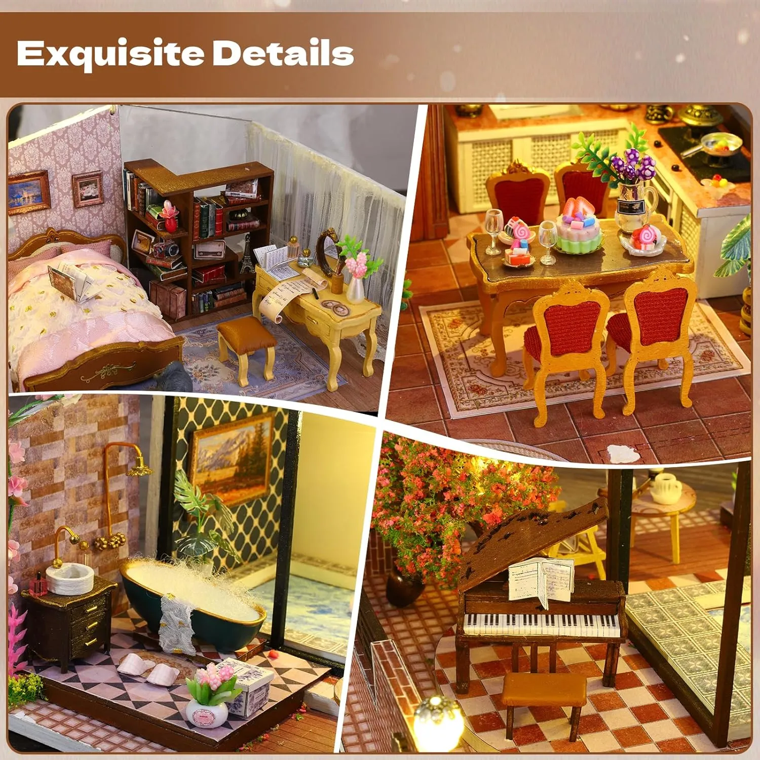 DIY Miniature House Kit, Tiny 3D Wooden European Retro Villa, Mini Dollhouse Building Kit with Dustproof Cover & Music Movement, Creative House Craft for Adults, Gift for Family and Friends