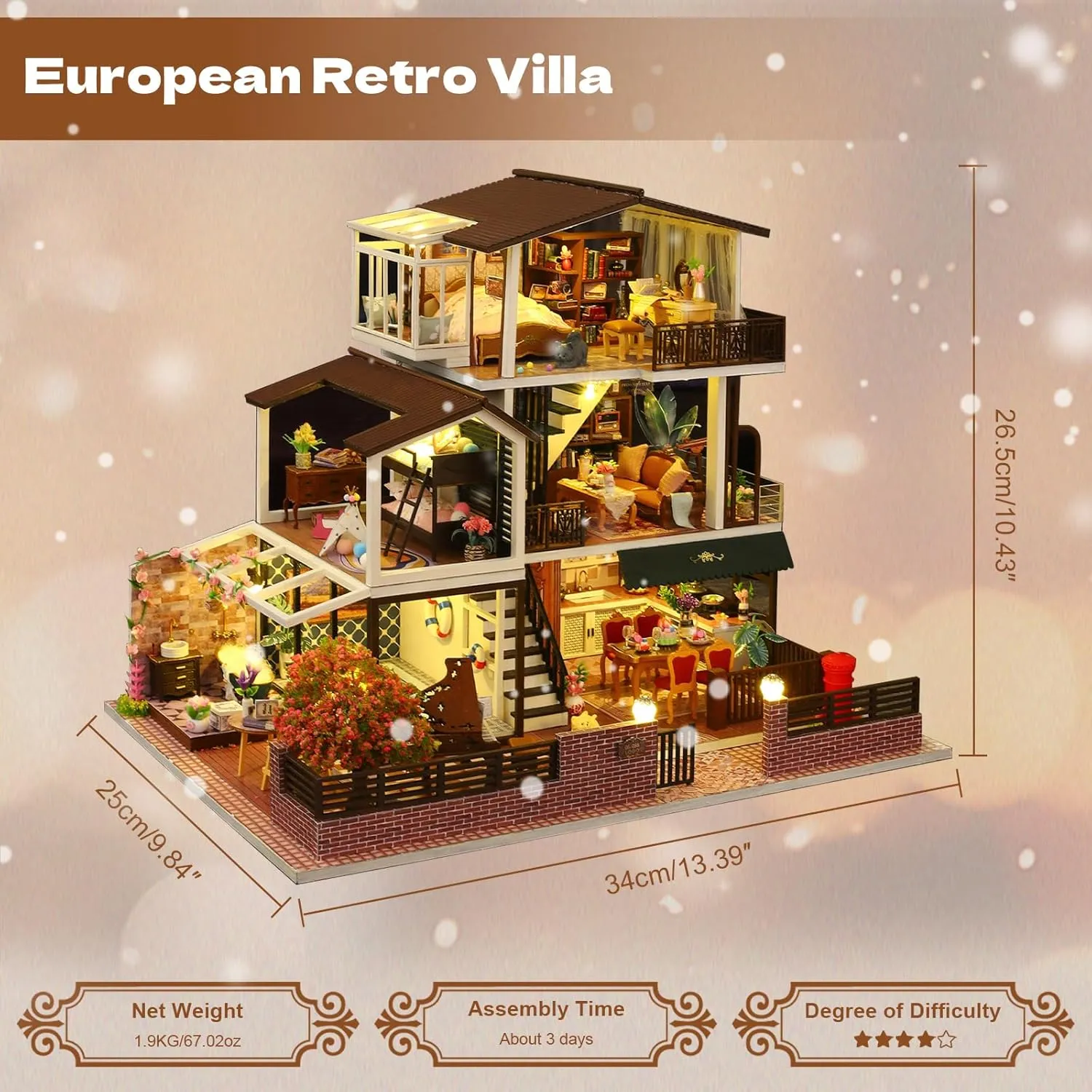 DIY Miniature House Kit, Tiny 3D Wooden European Retro Villa, Mini Dollhouse Building Kit with Dustproof Cover & Music Movement, Creative House Craft for Adults, Gift for Family and Friends
