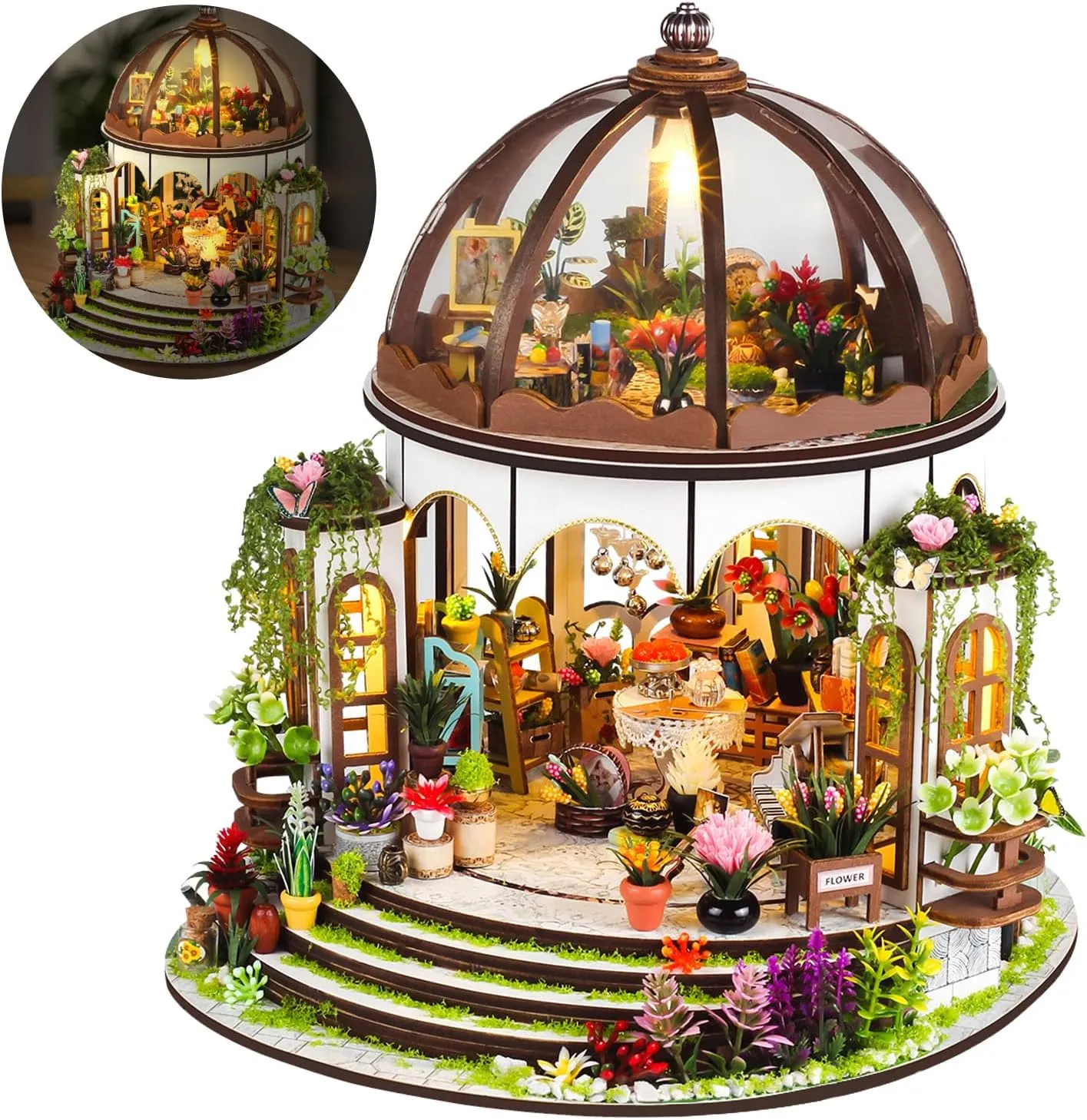 DIY Miniature House Kit,Miniature Building Kits,Wooden Greenhouse Miniature Kit with Furniture & LED,Creative Dollhouse Kit for Adults,Hobby Craft Home Decor Birthday Gifts