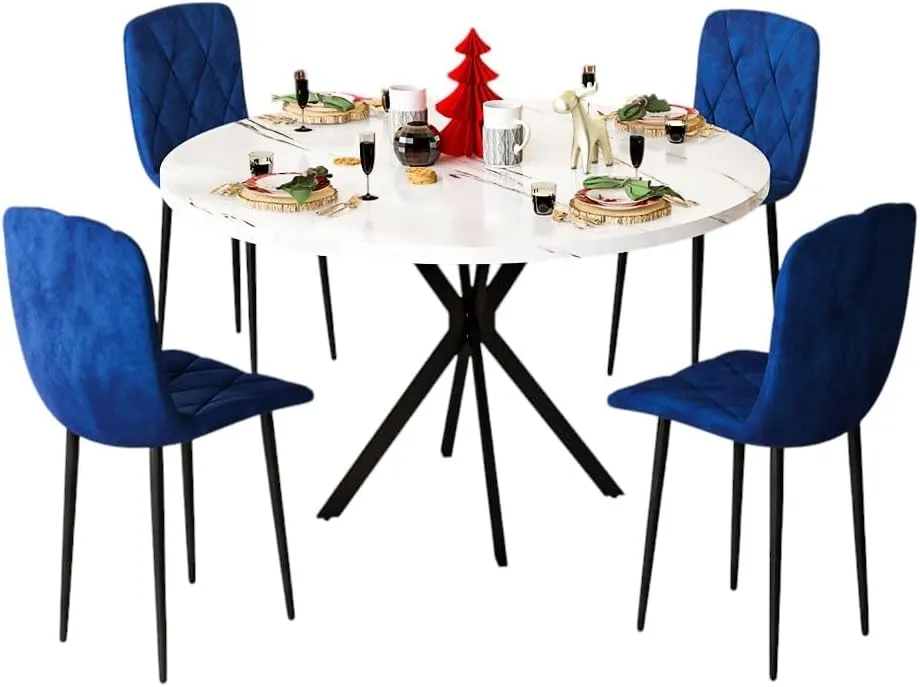 DKLGG Dining Room Table Set for 4 — Velvet & Leather Upholstered Seats (Grey/Blue/Black), Mid-Century Modern Style for Kitchens, Breakfast Nooks & Small Spaces, Blue