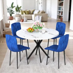 DKLGG Dining Room Table Set for 4 — Velvet & Leather Upholstered Seats (Grey/Blue/Black), Mid-Century Modern Style for Kitchens, Breakfast Nooks & Small Spaces, Blue