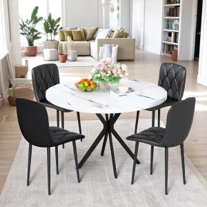 DKLGG Round Table and Chairs Set of 4 — Velvet & Leather Upholstered Seats (Grey/Blue/Black), Mid-Century Modern Style for Kitchens, Breakfast Nooks & Small Spaces, Black