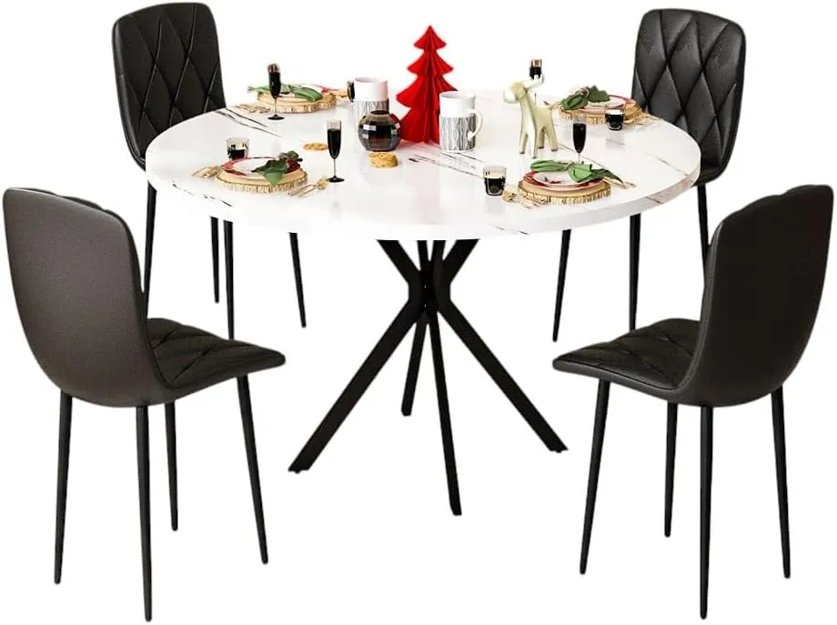 DKLGG Round Table and Chairs Set of 4 — Velvet & Leather Upholstered Seats (Grey/Blue/Black), Mid-Century Modern Style for Kitchens, Breakfast Nooks & Small Spaces, Black