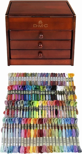 DMC Petite Decorative Wooden Chest With Assortment Pack Special Thread Assortment Pack - 100 Skeins