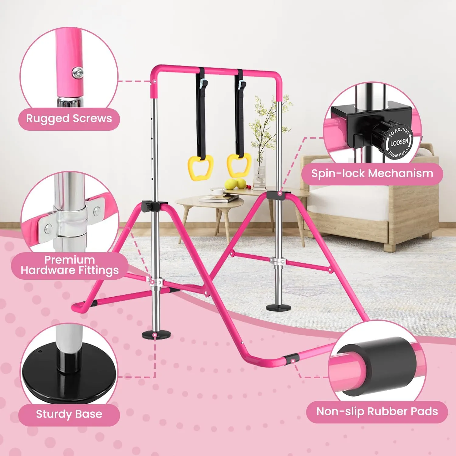 DOBESTS Kids Gymnastics Bar Folding Horizontal Bar, Adjustable Height Gymnastic Horizontal Bars, GymnasticTraining Equipment for Home