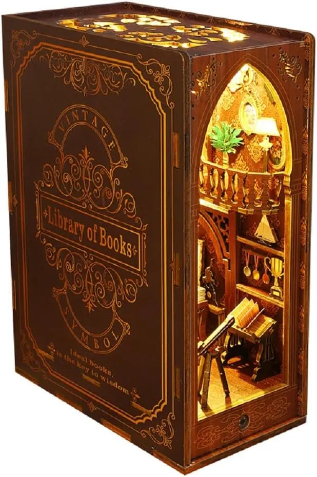 Doll House Kits to Build Home Library DIY Miniature House Book Nook Kit - 3D Wooden Puzzle for Adults - Unique Dollhouse Wood Bookend Model Building - Create Your Own Miniature Library