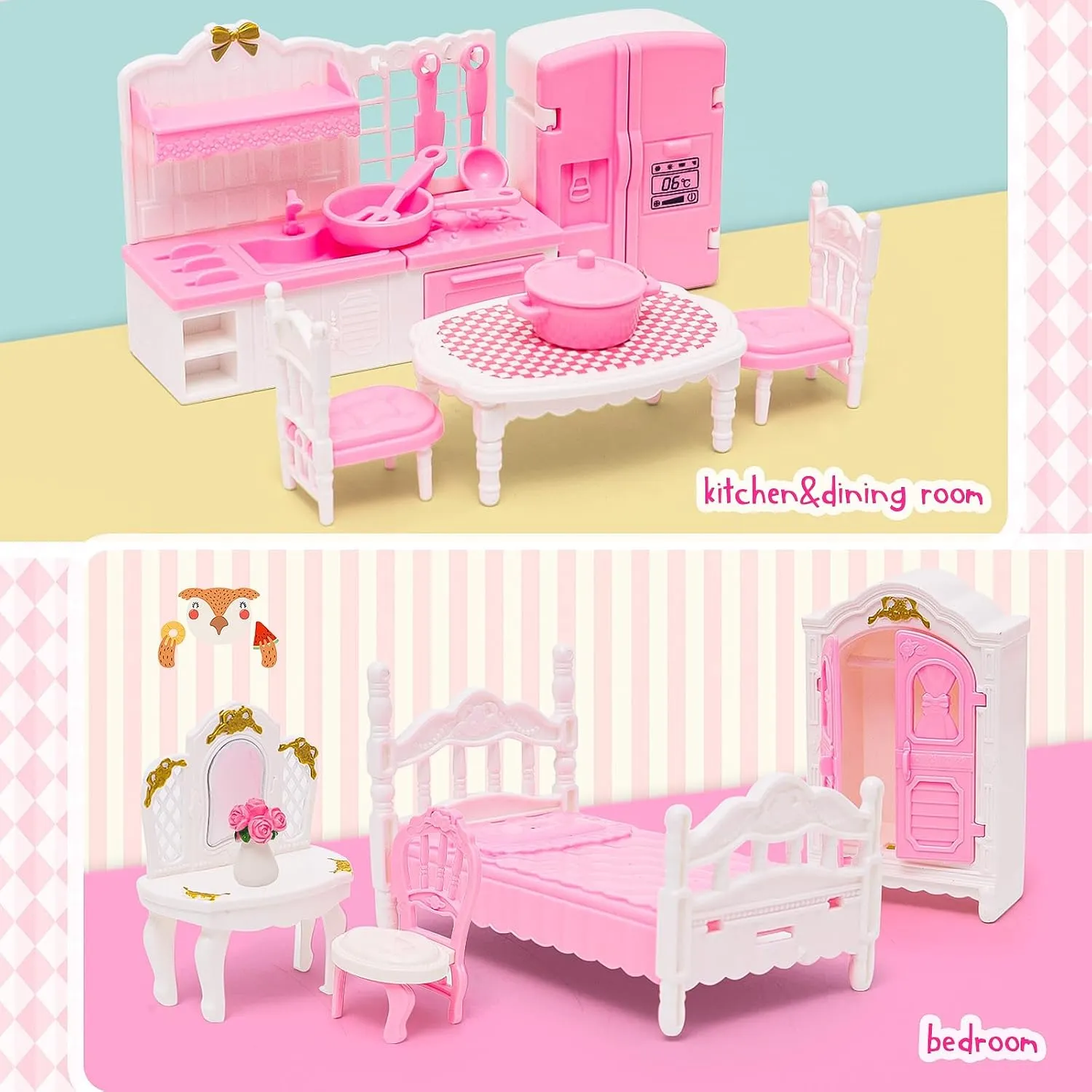 Doll House Mini Furniture 45 Pcs Dollhouse Furniture Set Accessories Pretend Play Bedroom Living Room Bathroom Kitchen for Kids Birthday and Christmas Mixed Color
