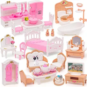 Doll House Mini Furniture 45 Pcs Dollhouse Furniture Set Accessories Pretend Play Bedroom Living Room Bathroom Kitchen for Kids Birthday and Christmas Mixed Color